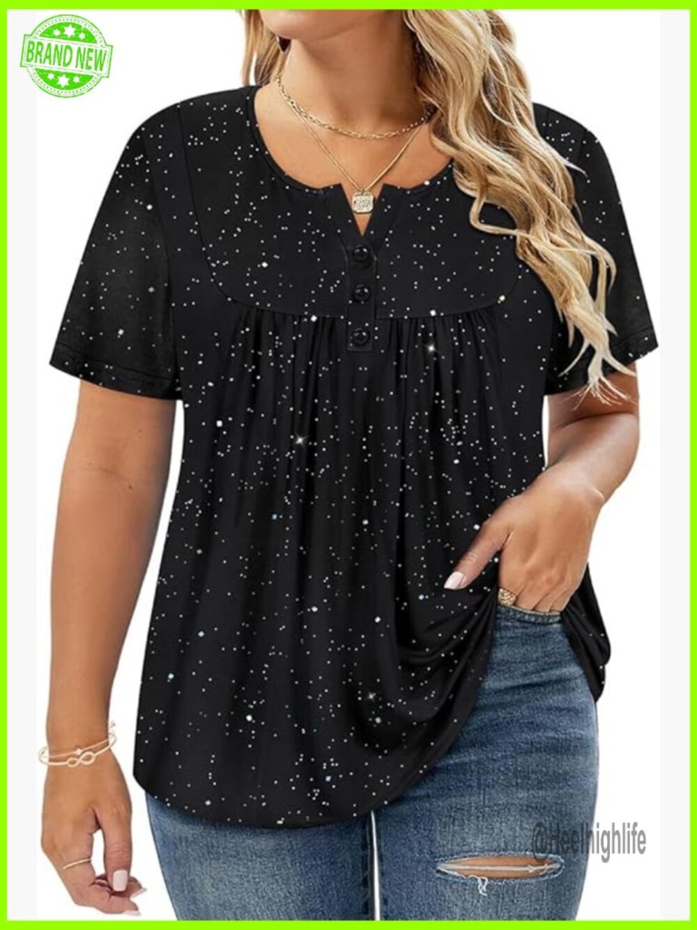 Plus Size V-Neck Tunic Top Short Sleeve Loose Fit Summer Blouse
